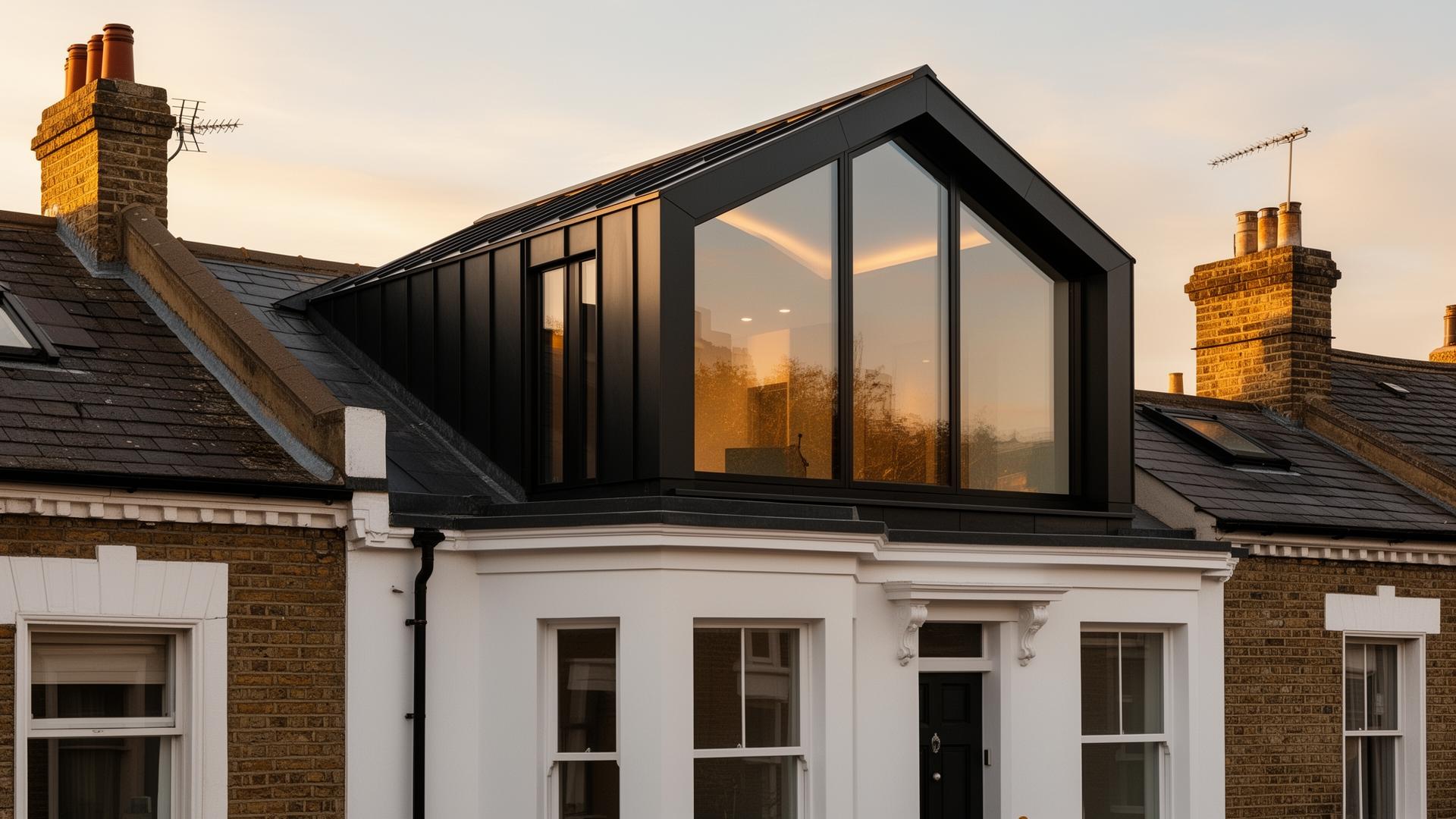 Modern loft conversion with black zinc dormer at golden hour, London