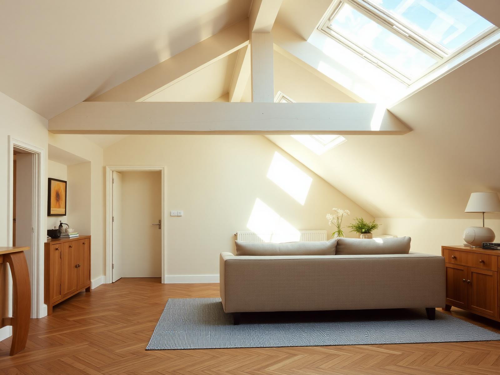 Sunlit loft conversion with exposed rafters and herringbone floor