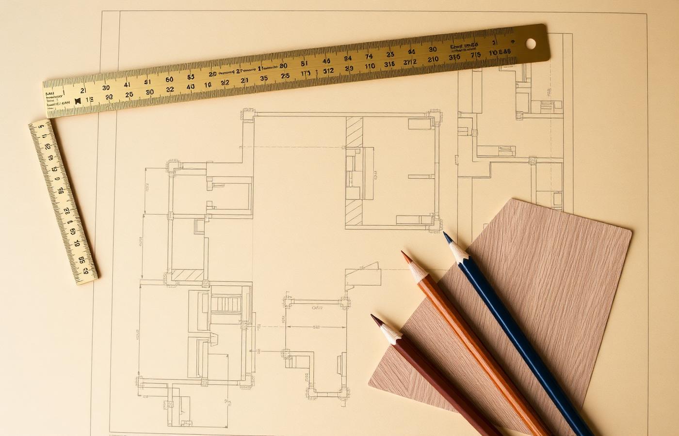 Architectural drawings with ruler and material samples